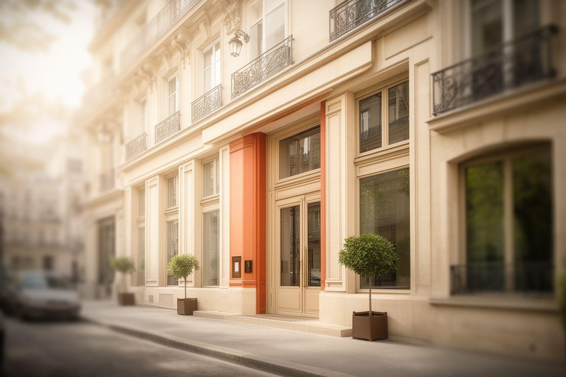 Facade élégante d'un cabinet juridique à Paris avec lumière douce et détails architecturaux classiques